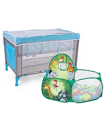 Babyhug Keep Me Close 2 in 1 Playpen Cum Baby Cot With Mosquito Net  - Blue Grey (Assembly Video Available) & Babyhug  Jump N Joy Jungle Theme Activity Ball Pool - 50 Balls