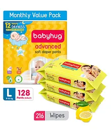 Babyhug Advanced Pant Style Diapers Large Monthly Box Pack - 128 Pieces  & Babyhug Premium Baby Lemon Wipes - 72 Pieces (Pack of 3)
