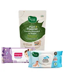 Mother Sparsh Plant Powered Baby Laundry Liquid Detergent - 500 ml & Mother Sparsh 98  Water Based Wipes (Mild -Scented) - 80 Pieces & Babyhug Soothing Lavender & Chamomile Wipes - 72 Pieces