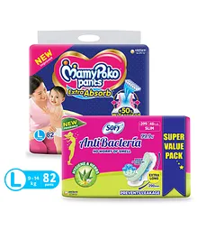 MamyPoko Extra Absorb Pant Style Diapers Large - 82 Pieces & Sofy Anti Bacteria Extra Long Sanitary Pads - 48 Pieces