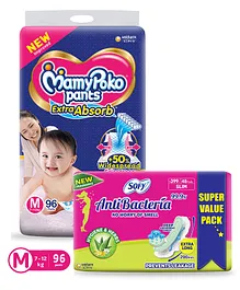 MamyPoko Extra Absorb Pant Style Diapers Medium - 96 Pieces & Sofy Anti Bacteria Extra Long Sanitary Pads - 48 Pieces