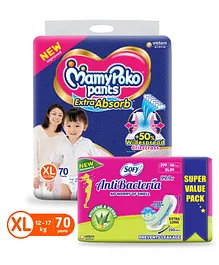 MamyPoko Extra Absorb Pant Style Diapers Extra Large - 70 Pieces & Sofy Anti Bacteria Extra Long Sanitary Pads - 48 Pieces