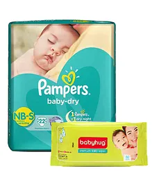 Pampers Baby Dry Diaper Newborn To Small - 22 Pieces with Babyhug Premium Baby Wipes - 80 Pieces (Pack of 2)