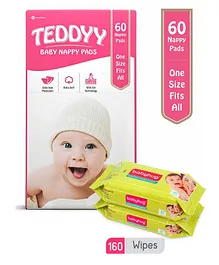 Teddyy Nappy Pads - 60 Pieces and Babyhug Premium Baby Wipes - 80 Pieces - (Pack of 2)