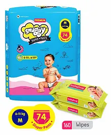 Snuggy Premium Baby Diaper Pants Medium - 74 Pieces and Babyhug Premium Baby Wipes - 80 Pieces - (Pack of 2)
