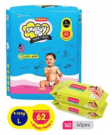 Snuggy Premium Baby Diaper Pants Large - 62 Pieces and Babyhug Premium Baby Wipes - 80 Pieces - (Pack of 2)