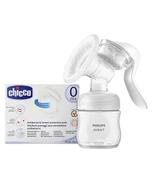 Avent Manual Breast Pump - White and Chicco Natural Feeling Antibacterial Breast Protection Pads - 30 Pieces