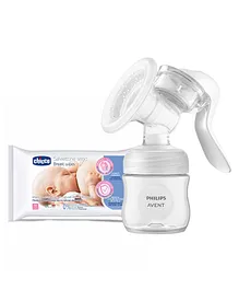 Avent Manual Breast Pump - White and Chicco Cleansing Breast Wipes - 72 Pieces