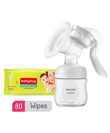 Avent Manual Breast Pump - White and Babyhug Premium Baby Wipes - 80 Pieces