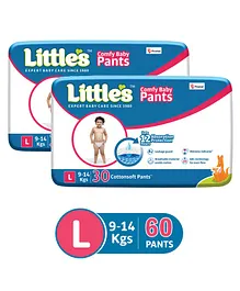 Little's Comfy Baby Pants Diapers Large Size with Wetness Indicator and 12 hours Absorption, L (30 Pieces) - (Pack of 2)