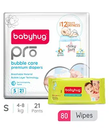 Babyhug Pro Bubble Care Premium Pant Style Diapers Small - 21 Pieces & Babyhug Premium Baby Wipes - 80 Pieces
