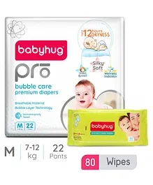 Babyhug Pro Bubble Care Premium Pant Style Diapers Medium - 22 Pieces & Babyhug Premium Baby Wipes - 80 Pieces