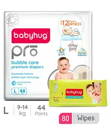 Babyhug Pro Bubble Care Pant Style Diapers Large - 44 Pieces & Babyhug Premium Baby Wipes - 80 Pieces