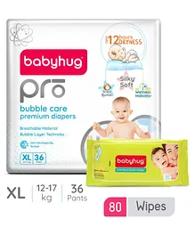 Babyhug Pro Bubble Care Pant Style Diapers Extra Large - 36 Pieces & Babyhug Premium Baby Wipes - 80 Pieces