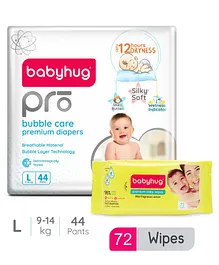 Babyhug Pro Bubble Care Pant Style Diapers Large - 44 Pieces & Babyhug Premium Baby Lemon Wipes - 72 Pieces