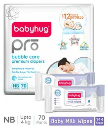 Babyhug Pro Bubble Care Pant Style Diapers New Born - 70 Pieces & Babyhug Daily Moisturising Milk Wipes - 72 Pieces  - (Pack of 2)