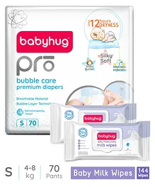 Babyhug Pro Bubble Care Pant Style Diapers Small - 70 Pieces & Babyhug Daily Moisturising Milk Wipes - 72 Pieces  - (Pack of 2)