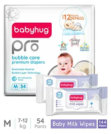 Babyhug Pro Bubble Care Pant Style Diapers Medium - 54 Pieces & Babyhug Daily Moisturising Milk Wipes - 72 Pieces  - (Pack of 2)