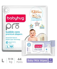 Babyhug Pro Bubble Care Pant Style Diapers Large - 44 Pieces & Babyhug Daily Moisturising Milk Wipes - 72 Pieces