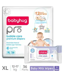 Babyhug Pro Bubble Care Pant Style Diapers Extra Large - 36 Pieces & Babyhug Daily Moisturising Milk Wipes - 72 Pieces