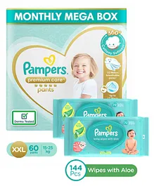 Pampers Premium Care Pants, Double Extra Large size baby diapers (XXL), 60 Count, Softest ever Pampers pants & Pampers Baby Gentle wet wipes with Aloe, 144 count, 97 Pure Water