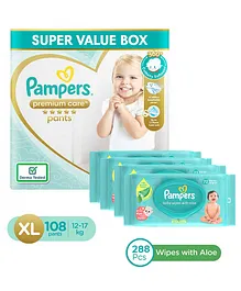 Pampers Premium Care Pants, Extra Large size baby diapers (XL), 108 Count, Softest ever Pampers pants & Pampers Baby Gentle wet wipes with Aloe, 144 count, 97 Pure Water - (Pack of 2)