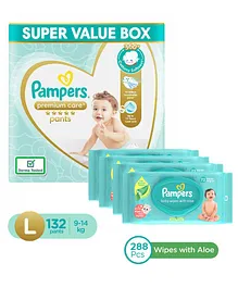 Pampers Premium Care Pants, Large size baby diapers (LG), 132 Count, Softest ever Pampers pants & Pampers Baby Gentle wet wipes with Aloe, 144 count, 97 Pure Water - (Pack of 2)