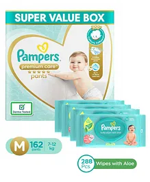 Pampers Premium Care Pants, Medium size baby diapers (MD), 162 Count, Softest ever Pampers pants & Pampers Baby Gentle wet wipes with Aloe, 144 count, 97 Pure Water - (Pack of 2)