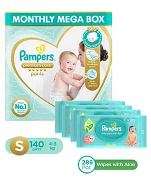 Pampers Premium Care Pants, Small size baby diapers (SM), 140 Count, Softest ever Pampers pants & Pampers Baby Gentle wet wipes with Aloe, 144 count, 97 Pure Water - (Pack of 2)