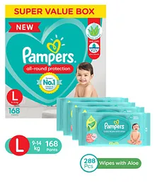Pampers All round Protection Pants, Large size  (LG) 168 Count, Anti Rash diapers, Lotion with Aloe Vera & Pampers Baby Gentle wet wipes with Aloe, 144 count, 97 Pure Water - (Pack of 2)