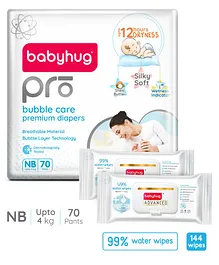 Babyhug Pro Bubble care premium Pant Style Diaper New Born - 70 Pieces & Babyhug Advanced 99% Water Wipes-72 pieces - (Pack of 2)