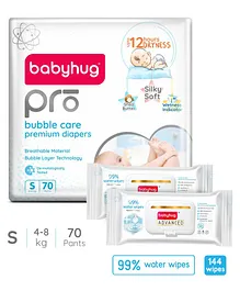 Babyhug Pro Bubble care premium Pant Style Diaper Small - 70 Pieces & Babyhug Advanced 99% Water Wipes-72 pieces - (Pack of 2)