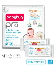 Babyhug Pro Bubble care premium Pant Style Diaper Medium - 54 Pieces & Babyhug Advanced 99% Water Wipes-72 pieces - (Pack of 2)