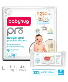 Babyhug Pro Bubble care premium Pant Style Diaper Large - 44 Pieces & Babyhug Advanced 99% Water Wipes-72 pieces
