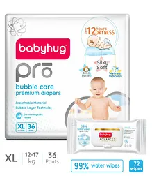 Babyhug Pro Bubble care premium Pant Style Diaper Extra Large - 36 Pieces & Babyhug Advanced 99% Water Wipes-72 pieces