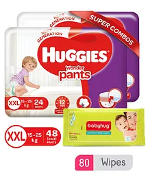 Huggies Wonder Pants XXL Pant Style Diapers - 48 Pieces & Babyhug Premium Baby Wipes - 80 Pieces