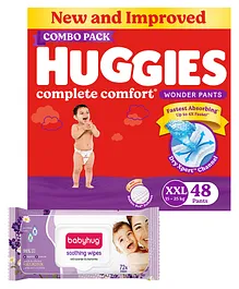 Huggies Wonder Pants XXL Pant Style Diapers - 48 Pieces & Babyhug Soothing Lavender & Chamomile Wipes - 72 Pieces - (Pack of 2)