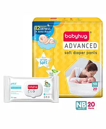 Babyhug Advanced Pant Style Diapers New Born - 20 Pieces & Babyhug Pro pH 55 Moisture Balance Bamboo Wipes - 72 pieces