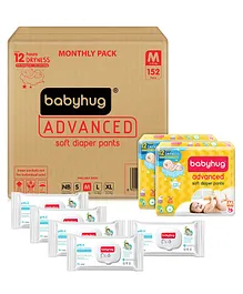 Babyhug Advanced Pant Style Diapers Medium Monthly Box Pack - 152 Pieces & Babyhug Pro pH 55 Moisture Balance Bamboo Wipes - 72 pieces - (Pack of 5)
