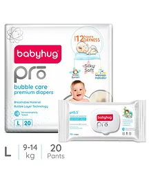 Babyhug Pro Bubble care premium Pant Style Diaper Large - 20 Pieces & Babyhug Pro pH 55 Moisture Balance Bamboo Wipes - 72 pieces
