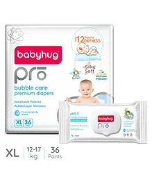 Babyhug Pro Bubble care premium Pant Style Diaper Extra Large - 36 Pieces & Babyhug Pro pH 55 Moisture Balance Bamboo Wipes - 72 pieces