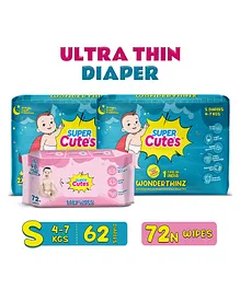Super Cute's Wonder Thinz Ultra Premium Pant Style Diapers Small - 31 Pieces - (Pack of 2) and Super Cute Premium Soft Cleansing Baby Wipes - 72 Pieces