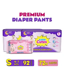 Super Cute Extra Absorbent Pant Style Diapers Small - 46 Pieces - (Pack of 2) and Super Cute Premium Soft Cleansing Baby Wipes - 72 Pieces