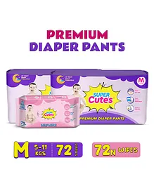 Super Cute Extra Absorbent Pant Style Diapers Medium - 36 Pieces - (Pack of 2) and Super Cute Premium Soft Cleansing Baby Wipes - 72 Pieces