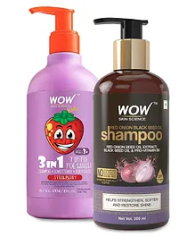 Wow Skin Science Tip To Toe Wash Shampoo Cum Conditioner Strawberry Flavour - 300 ml and Red Onion Black Seed Oil Shampoo - 300 ml for Women