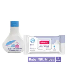 Sebamed Baby Bubble Bath - 200 ml&Babyhug Daily Moisturising Milk Wipes - 72 Pieces Combo