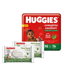 Huggies Complete Comfort Wonder Pants with Aloe Vera Medium Size Baby Diaper Pants - 76 Pieces & Huggies Nature Care Baby Wipes - Plant Based with Aloe Vera & Calendula - 72 pieces (Pack of 2)
