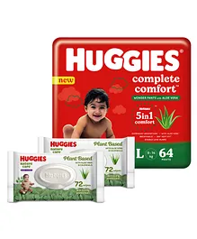 Huggies Complete Comfort Wonder Pants with Aloe Vera Large Size Baby Diaper Pants - 64 Pieces & Huggies Nature Care Baby Wipes - Plant Based with Aloe Vera & Calendula - 72 pieces (Pack of 2)