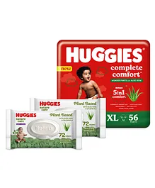 Huggies Complete Comfort Wonder Pants with Aloe Vera Extra Large Size Baby Diaper Pants - 56 Pieces & Huggies Nature Care Baby Wipes - Plant Based with Aloe Vera & Calendula - 72 pieces (Pack of 2)