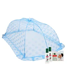 Babyhug Portable Baby Mosquito Net - Blue with Natural Mosquito Repellent Patches (48 pcs) & Fabric Roll On (8ml - Pack of 2) - Set of 4
